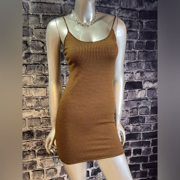 Tan Brown Check Mini Bodycon Summer Dress - Picture 3 of 9